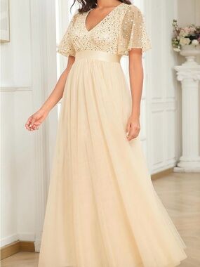 Elegant Sequin V-Neck Evening Dress in Champagne NWT